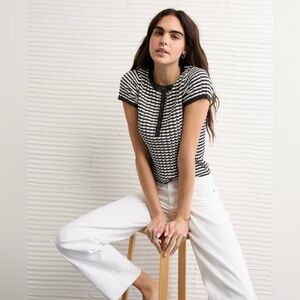 American Eagle Black Stripe Henley Pointelle Sweater T-Shirt